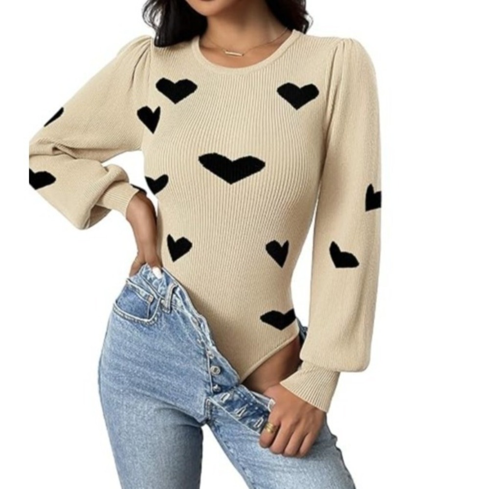 NWOT Women's Cream Long-Sleeve Bodysuit Sz Lg Thong Beige Black Heart Flirty